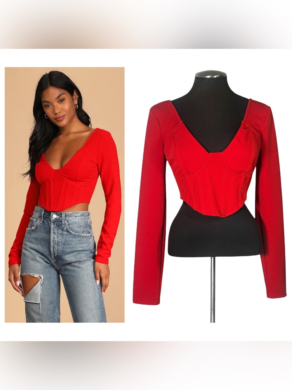 Lulu’s – Got You Impressed Red Bustier Long Sleeve Crop Top – Small
